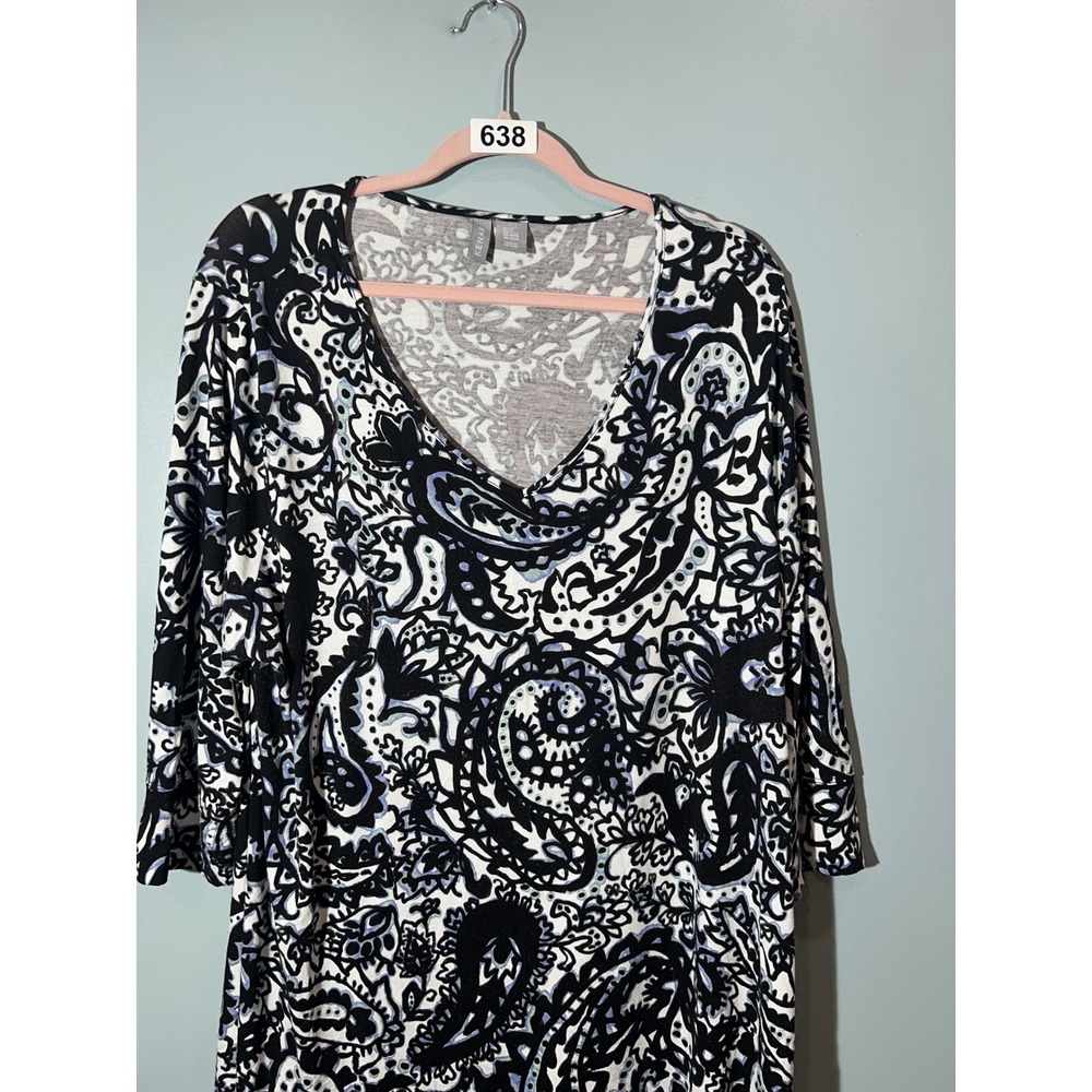 Kenar Womens 2X Paisley V-Neck 3/4 Sleeve Tunic Top Black White Lavender Floral